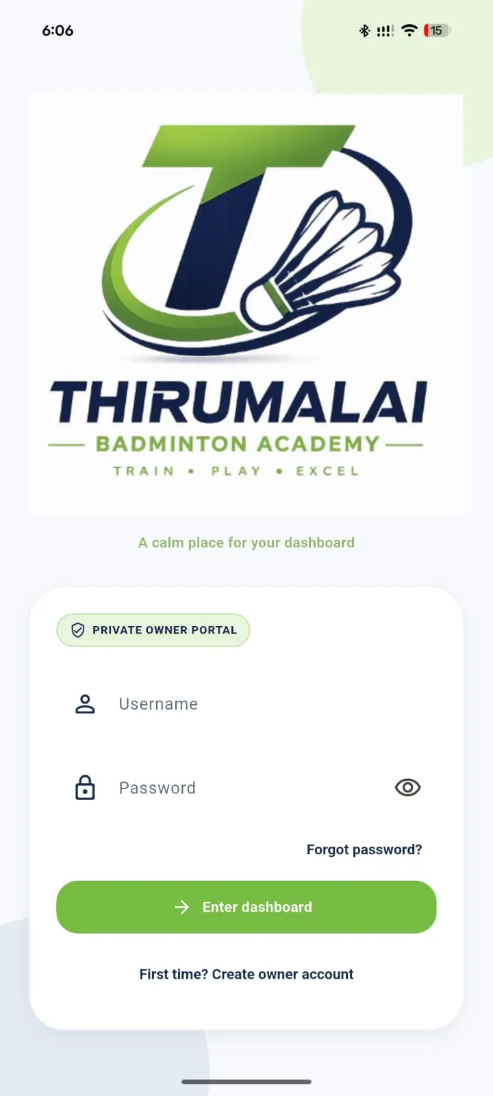 Thirumalai Badminton owner login screen